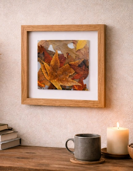 Tableau 25cm r&eacute;sine epoxy inclusion feuilles d'arbre naturelles cadre en ch&ecirc;ne